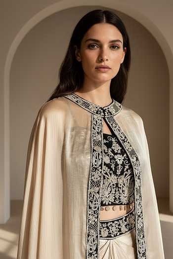 Shop Basanti Kapde aur Koffee Beige Silk, Chinon Round Neck, Mandarin Nocturne Embroidered Cape Skirt Set Online at Aza Fashions Shop_Basanti Kapde aur Koffee_Beige Silk, Chinon Round Neck, Mandarin Nocturne Embroidered Cape Skirt Set _Online_at_Aza_Fashions