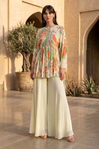 Basanti Kapde aur Koffee Floral Print Kurta & Sharara Set
