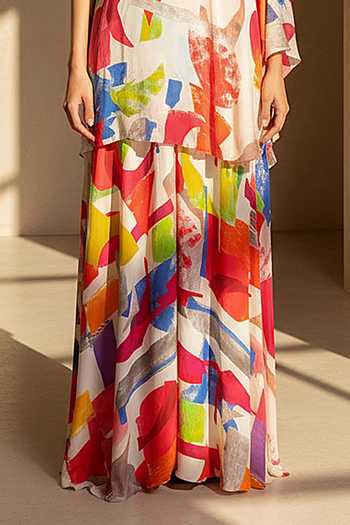 Basanti Kapde aur Koffee_Multi Color Crepe Asymmetric Neck, One Shoulder Abstract Print Cape Sharara Set _Online_at_Aza_Fashions