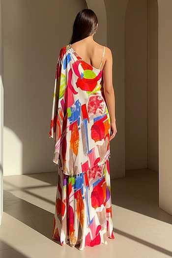 Basanti Kapde aur Koffee Abstract Print Cape Sharara Set