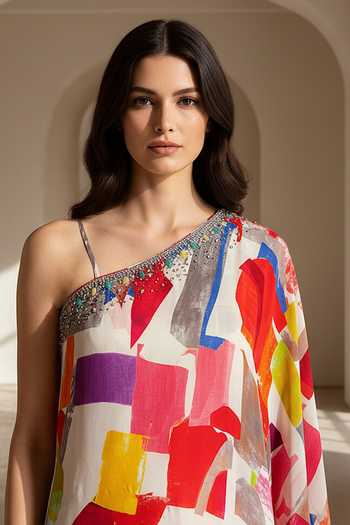 Buy_Basanti Kapde aur Koffee_Multi Color Crepe Asymmetric Neck, One Shoulder Abstract Print Cape Sharara Set _Online_at_Aza_Fashions