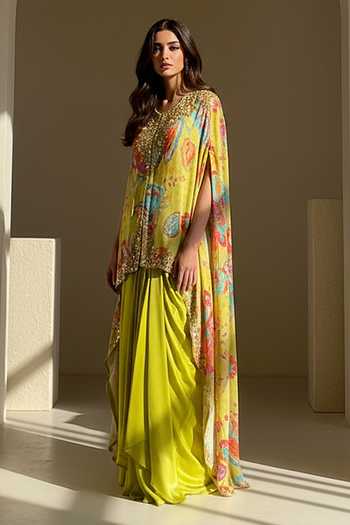 Buy Basanti Kapde aur Koffee Green Crepe Round Neck Printed Cape Skirt Set Online at Aza Fashions Buy_Basanti Kapde aur Koffee_Green Crepe Round Neck Printed Cape Skirt Set _Online_at_Aza_Fashions