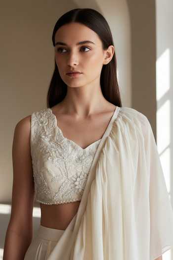 Basanti Kapde aur Koffee Ivory Organza V-neck Pleated Pre-draped Saree With Blouse Online at Aza Fashions Basanti Kapde aur Koffee_Ivory Organza V-neck Pleated Pre-draped Saree With Blouse _Online_at_Aza_Fashions