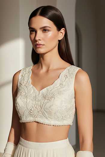 Buy Basanti Kapde aur Koffee Ivory Organza V-neck Pleated Pre-draped Saree With Blouse Online at Aza Fashions Buy_Basanti Kapde aur Koffee_Ivory Organza V-neck Pleated Pre-draped Saree With Blouse _Online_at_Aza_Fashions
