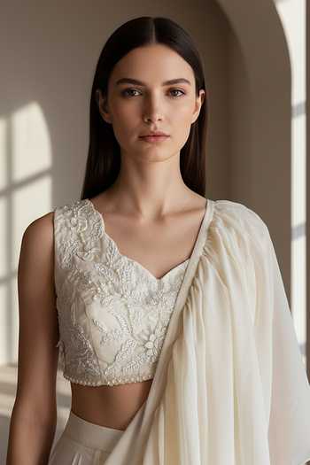 Shop Basanti Kapde aur Koffee Ivory Organza V-neck Pleated Pre-draped Saree With Blouse Online at Aza Fashions Shop_Basanti Kapde aur Koffee_Ivory Organza V-neck Pleated Pre-draped Saree With Blouse _Online_at_Aza_Fashions
