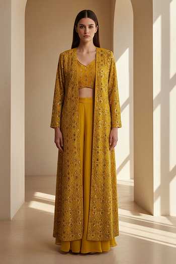 Basanti Kapde aur Koffee Embroidered Jacket Sharara Set