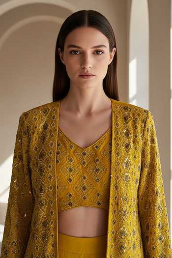 Basanti Kapde aur Koffee Embroidered Jacket Sharara Set