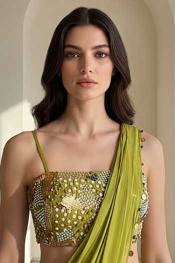 Basanti Kapde aur Koffee Green Chinon Square Neck Draped Saree With Embroidered Blouse Online at Aza Fashions Basanti Kapde aur Koffee_Green Chinon Square Neck Draped Saree With Embroidered Blouse _Online_at_Aza_Fashions