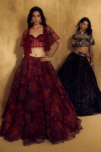 Shop Rashika Sharma Black Organza, Net High Neck Maheema Embroidered Lehenga Set Online at Aza Fashions Shop_Rashika Sharma_Black Organza, Net High Neck Maheema Embroidered Lehenga Set _Online_at_Aza_Fashions