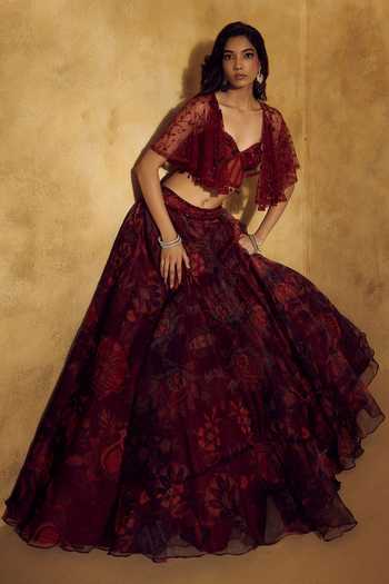 Rashika Sharma Maroon Net, Silk, Organza, Dupion Beads, Saranjh Embroidered Cape Lehenga Set Online at Aza Fashions Rashika Sharma_Maroon Net, Silk, Organza, Dupion Beads, Saranjh Embroidered Cape Lehenga Set _Online_at_Aza_Fashions