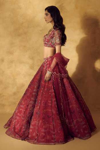 Rashika Sharma_Pink Organza, Dupion, Net Sweetheart Neck Roshni Floral Print Lehenga Set _Online_at_Aza_Fashions