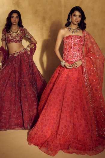 Buy_Rashika Sharma_Pink Organza, Dupion, Net Sweetheart Neck Roshni Floral Print Lehenga Set _Online_at_Aza_Fashions