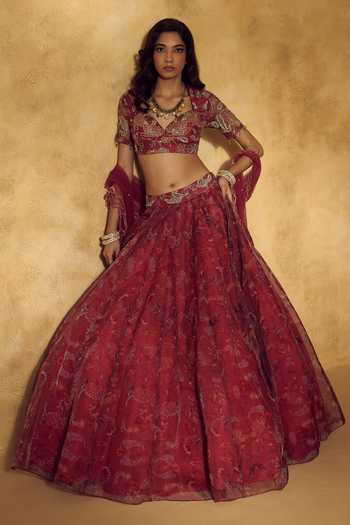 Shop_Rashika Sharma_Pink Organza, Dupion, Net Sweetheart Neck Roshni Floral Print Lehenga Set _Online_at_Aza_Fashions