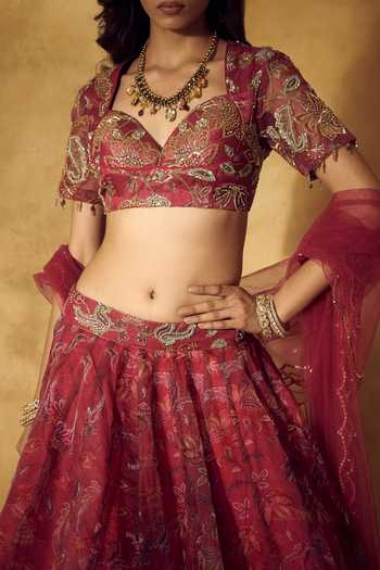 Rashika Sharma_Pink Organza, Dupion, Net Sweetheart Neck Roshni Floral Print Lehenga Set _at_Aza_Fashions