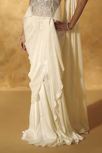 Rashika Sharma Ivory Satin, Net Embroidery, Sequins, Beads, Irina Pre-draped Saree With Corset Online at Aza Fashions Rashika Sharma_Ivory Satin, Net Embroidery, Sequins, Beads, Irina Pre-draped Saree With Corset _Online_at_Aza_Fashions