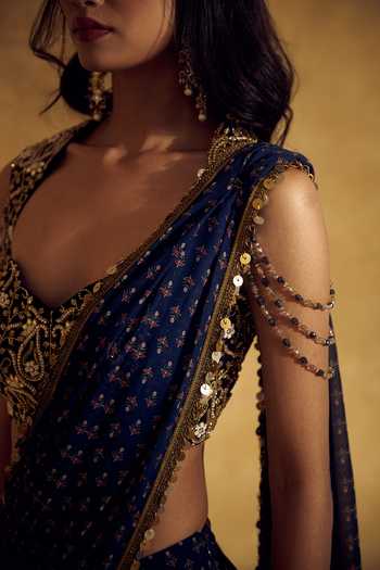 Rashika Sharma Blue Georgette Sweetheart Neck Meera Embellished Pre-draped Saree With Blouse Online at Aza Fashions Rashika Sharma_Blue Georgette Sweetheart Neck Meera Embellished Pre-draped Saree With Blouse _Online_at_Aza_Fashions