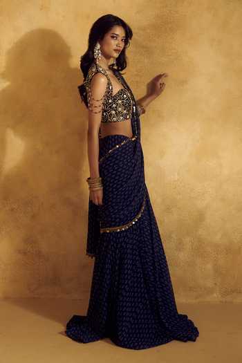 Shop Rashika Sharma Blue Georgette Sweetheart Neck Meera Embellished Pre-draped Saree With Blouse Online at Aza Fashions Shop_Rashika Sharma_Blue Georgette Sweetheart Neck Meera Embellished Pre-draped Saree With Blouse _Online_at_Aza_Fashions