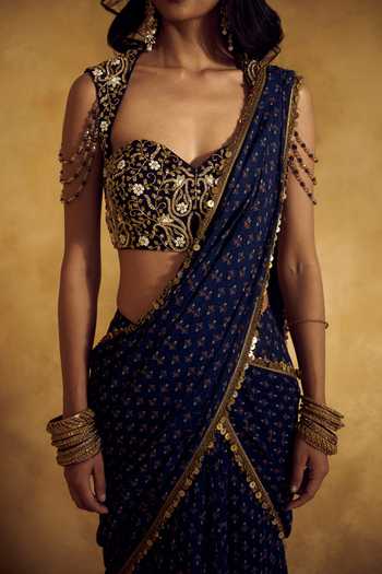 Rashika Sharma Blue Georgette Sweetheart Neck Meera Embellished Pre-draped Saree With Blouse at Aza Fashions Rashika Sharma_Blue Georgette Sweetheart Neck Meera Embellished Pre-draped Saree With Blouse _at_Aza_Fashions