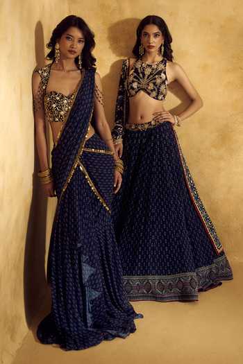 Buy Rashika Sharma Blue Georgette Sweetheart Neck Meera Embellished Pre-draped Saree With Blouse Buy_Rashika Sharma_Blue Georgette Sweetheart Neck Meera Embellished Pre-draped Saree With Blouse