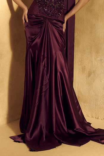 Rashika Sharma Purple Satin, Net Bandeau Alisha Bead Embroidered Pre-draped Saree With Blouse Online at Aza Fashions Rashika Sharma_Purple Satin, Net Bandeau Alisha Bead Embroidered Pre-draped Saree With Blouse _Online_at_Aza_Fashions