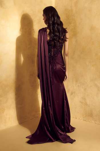 Shop Rashika Sharma Purple Satin, Net Bandeau Alisha Bead Embroidered Pre-draped Saree With Blouse Online at Aza Fashions Shop_Rashika Sharma_Purple Satin, Net Bandeau Alisha Bead Embroidered Pre-draped Saree With Blouse _Online_at_Aza_Fashions