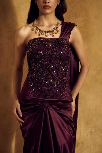 Rashika Sharma Purple Satin, Net Bandeau Alisha Bead Embroidered Pre-draped Saree With Blouse at Aza Fashions Rashika Sharma_Purple Satin, Net Bandeau Alisha Bead Embroidered Pre-draped Saree With Blouse _at_Aza_Fashions