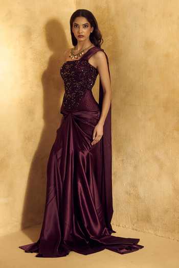 Buy Rashika Sharma Purple Satin, Net Bandeau Alisha Bead Embroidered Pre-draped Saree With Blouse Buy_Rashika Sharma_Purple Satin, Net Bandeau Alisha Bead Embroidered Pre-draped Saree With Blouse