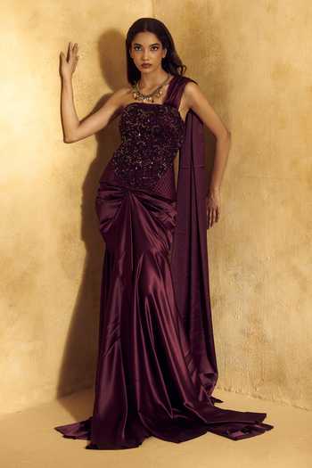 Shop Rashika Sharma Purple Satin, Net Bandeau Alisha Bead Embroidered Pre-draped Saree With Blouse Shop_Rashika Sharma_Purple Satin, Net Bandeau Alisha Bead Embroidered Pre-draped Saree With Blouse