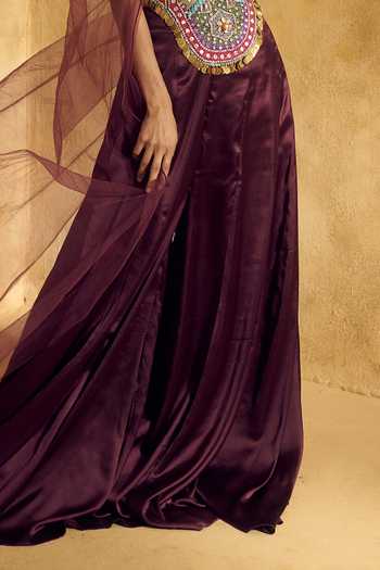 Rashika Sharma Multi Color Net, Satin V-, Round Alaya Mirror Work Cape Flared Pant Set Online at Aza Fashions Rashika Sharma_Multi Color Net, Satin V-, Round Alaya Mirror Work Cape Flared Pant Set _Online_at_Aza_Fashions