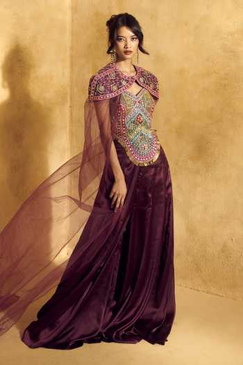 Shop Rashika Sharma Multi Color Net, Satin V-, Round Alaya Mirror Work Cape Flared Pant Set Online at Aza Fashions Shop_Rashika Sharma_Multi Color Net, Satin V-, Round Alaya Mirror Work Cape Flared Pant Set _Online_at_Aza_Fashions