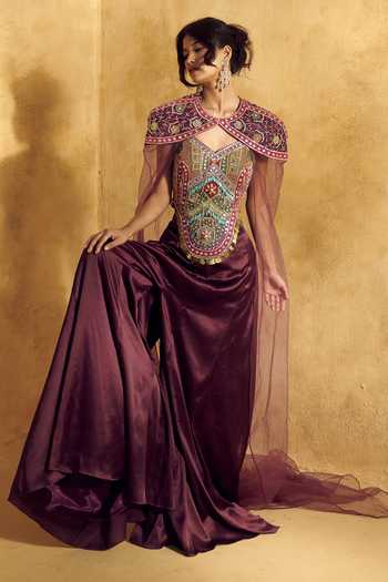 Rashika Sharma Multi Color Net, Satin V-, Round Alaya Mirror Work Cape Flared Pant Set at Aza Fashions Rashika Sharma_Multi Color Net, Satin V-, Round Alaya Mirror Work Cape Flared Pant Set _at_Aza_Fashions