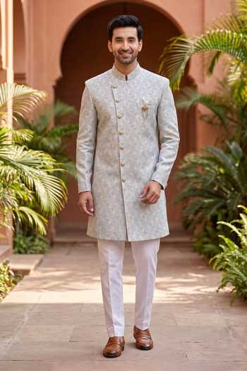 Jhambthreads Woven Jacquard Sherwani & Pant Set 