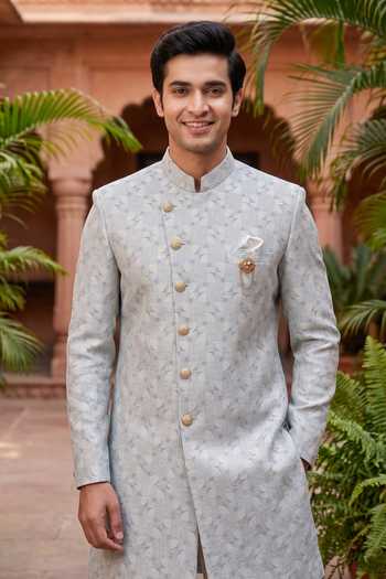 Jhambthreads Blue Polyester, Jacquard Woven Sherwani And Pant Set Online at Aza Fashions Jhambthreads_Blue Polyester, Jacquard Woven Sherwani And Pant Set _Online_at_Aza_Fashions