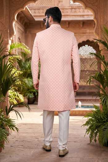 Shop Jhambthreads Pink Jacquard, Polyester Woven Kurta And Poly Pant Set at Aza Fashions Shop_Jhambthreads_Pink Jacquard, Polyester Woven Kurta And Poly Pant Set _at_Aza_Fashions