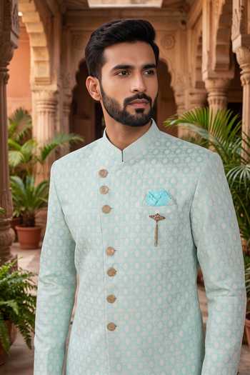 Jhambthreads Sky Blue Polyester, Jacquard Woven Sherwani And Poly Pant Set Online at Aza Fashions Jhambthreads_Sky Blue Polyester, Jacquard Woven Sherwani And Poly Pant Set _Online_at_Aza_Fashions