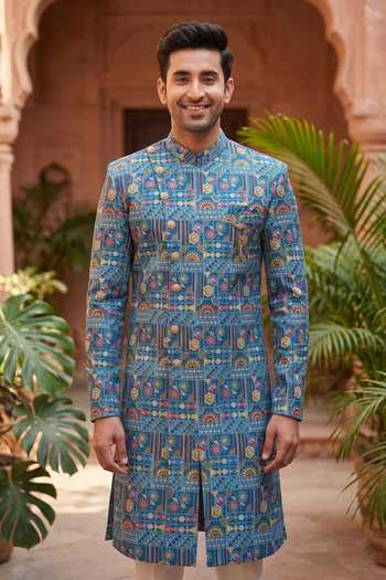 Jhambthreads White Polyester, Silk Embroidered Sherwani And Pant Set Online at Aza Fashions Jhambthreads_White Polyester, Silk Embroidered Sherwani And Pant Set _Online_at_Aza_Fashions