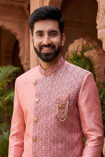 Jhambthreads_Pink Silk, Polyester Printed Kurta And Peshawari Pant Set _Online_at_Aza_Fashions