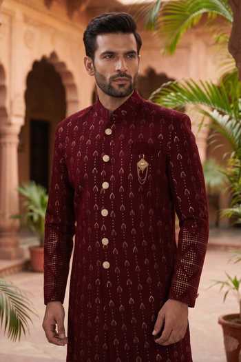 Jhambthreads Maroon Silk, Polyester Embroidered Kurta And Peshawari Pant Set Online at Aza Fashions Jhambthreads_Maroon Silk, Polyester Embroidered Kurta And Peshawari Pant Set _Online_at_Aza_Fashions