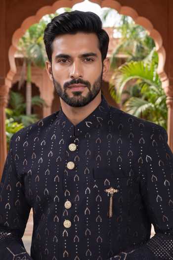 Jhambthreads Black Silk, Polyester Thread Embroidered Kurta Set Online at Aza Fashions Jhambthreads_Black Silk, Polyester Thread Embroidered Kurta Set _Online_at_Aza_Fashions