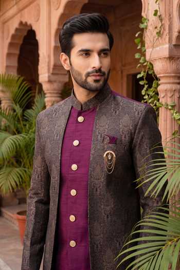 Jhambthreads Purple Silk, Polyester Woven Kurta And Peshawari Pant Set Online at Aza Fashions Jhambthreads_Purple Silk, Polyester Woven Kurta And Peshawari Pant Set _Online_at_Aza_Fashions