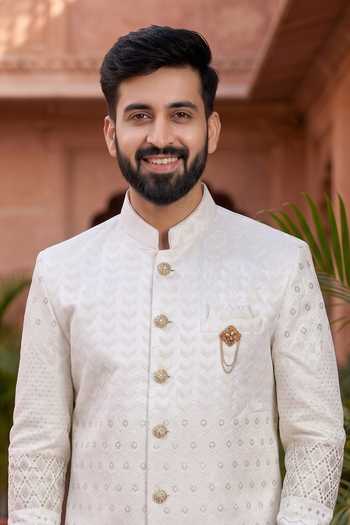 Jhambthreads_White Silk, Polyester Embroidered Sherwani And Pant Set _Online_at_Aza_Fashions