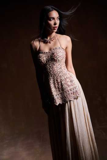 Buy_House of Arshiyaa_Gold Net, Tissue Sweetheart , Halter Champagne Embroidered Sharara Set _Online_at_Aza_Fashions