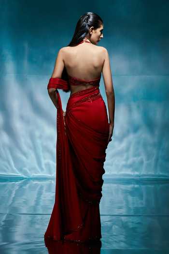 Shop House of Arshiyaa Red Crepe, Net Halter Neck Pre-draped Saree Set at Aza Fashions Shop_House of Arshiyaa_Red Crepe, Net Halter Neck Pre-draped Saree Set _at_Aza_Fashions