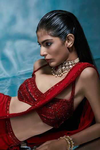 Buy House of Arshiyaa Red Crepe, Net Halter Neck Pre-draped Saree Set Online at Aza Fashions Buy_House of Arshiyaa_Red Crepe, Net Halter Neck Pre-draped Saree Set _Online_at_Aza_Fashions