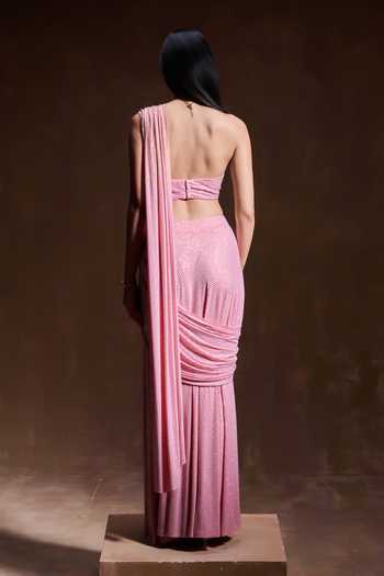 Shop House of Arshiyaa Pink Net, Lycra Bandeau Neck Crystal Work Pre-draped Saree Set at Aza Fashions Shop_House of Arshiyaa_Pink Net, Lycra Bandeau Neck Crystal Work Pre-draped Saree Set _at_Aza_Fashions