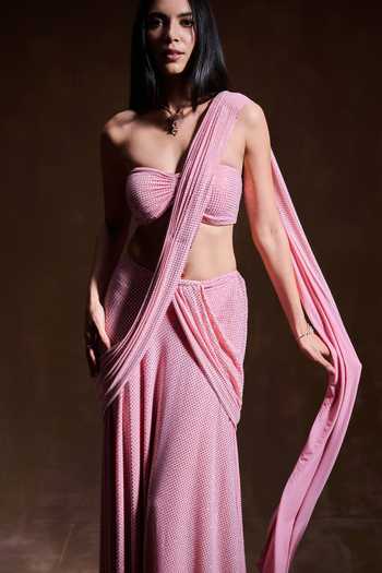 Buy House of Arshiyaa Pink Net, Lycra Bandeau Neck Crystal Work Pre-draped Saree Set Online at Aza Fashions Buy_House of Arshiyaa_Pink Net, Lycra Bandeau Neck Crystal Work Pre-draped Saree Set _Online_at_Aza_Fashions