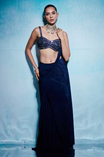 House of Arshiyaa Blue Crepe, Net Sweetheart Neck Pre Draped Saree With Embroidered Blouse Online at Aza Fashions House of Arshiyaa_Blue Crepe, Net Sweetheart Neck Pre Draped Saree With Embroidered Blouse _Online_at_Aza_Fashions