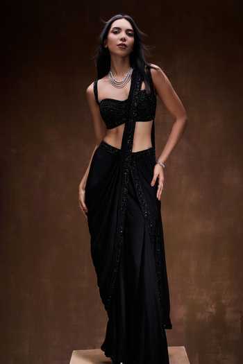 House of arshiyaa Black Crepe, Net Sweetheart Neck Pre-draped Sharara Saree Set Online at Aza Fashions House of arshiyaa_Black Crepe, Net Sweetheart Neck Pre-draped Sharara Saree Set _Online_at_Aza_Fashions