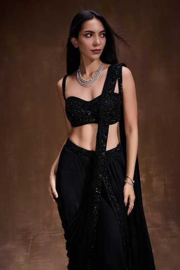 Buy House of arshiyaa Black Crepe, Net Sweetheart Neck Pre-draped Sharara Saree Set Online at Aza Fashions Buy_House of arshiyaa_Black Crepe, Net Sweetheart Neck Pre-draped Sharara Saree Set _Online_at_Aza_Fashions
