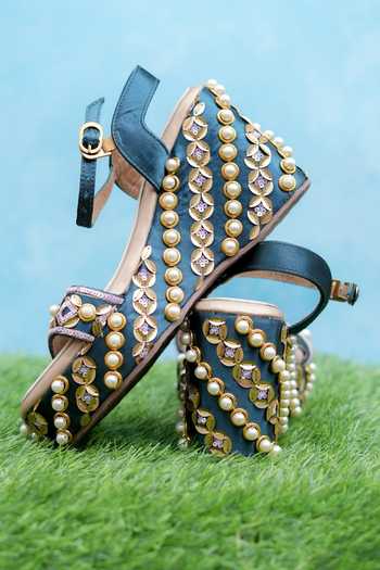 Buy Around Always Blue Indie Pearl Embellished Platform Wedges Online at Aza Fashions Buy_Around Always_Blue Indie Pearl Embellished Platform Wedges _Online_at_Aza_Fashions